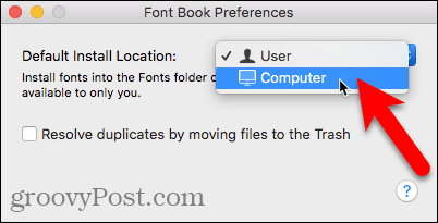 Изаберите Рачунар као подразумевану локацију за инсталирање у књизи фонтова