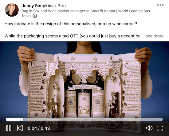 пример повезаног видео снимка Јенни Симпкинс који показује како се користи уграђено детаљно паковање винског пакета како би се импресионирало