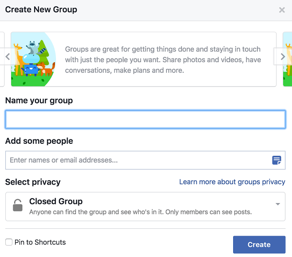 Дајте групи име, додајте људе и одлучите о подешавању приватности.