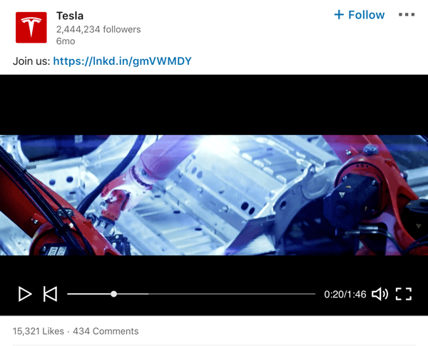 Пример видео записа компаније ЛинкедИн компаније Тесла.