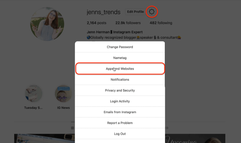 инстаграм профил икона зупчаника уреди опције подешавања менија истичући опцију апликација и веб локација