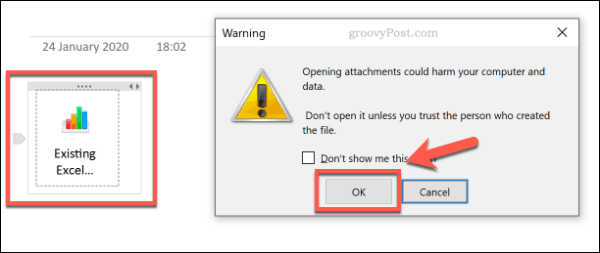 Упозорење за отварање датотеке у ОнеНоте-у