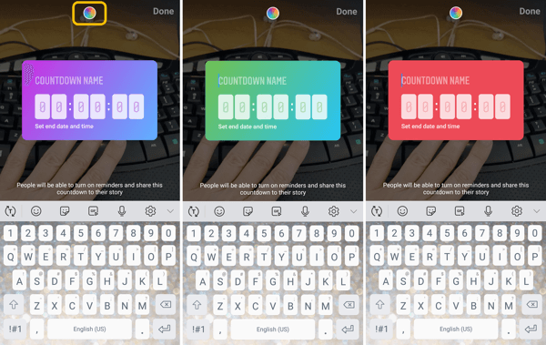 Како користити налепницу Инстаграм Цоунтдовн за посао, корак 5 опције боја налепнице одбројавање.