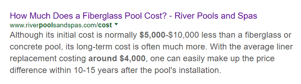 Чланак Ривер Поолс-а о трошковима базена од фибергласа појављује се прво у потрази за том темом.