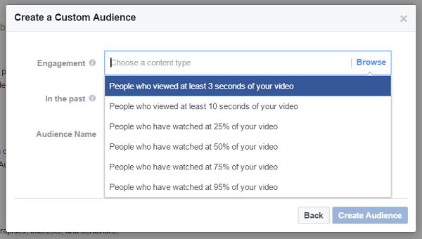 Створите прилагођену публику људи који су гледали најмање три секунде претходног видео снимка.