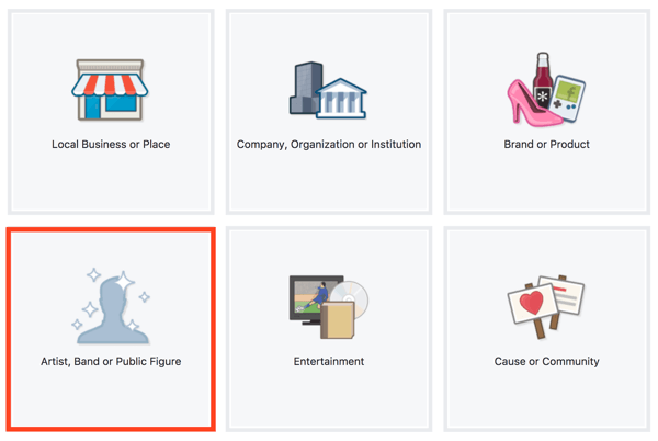 Изаберите врсту уметника, бенда или јавну фигуру као Фацебоок страницу.