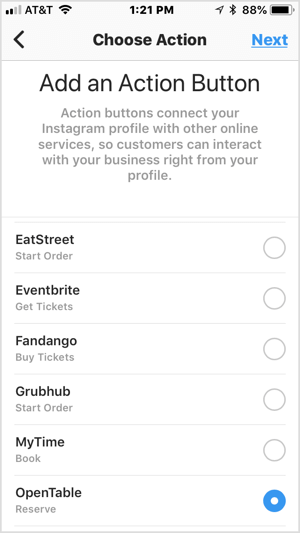 Изаберите дугме за акцију да бисте га додали на свој пословни профил на Инстаграму.