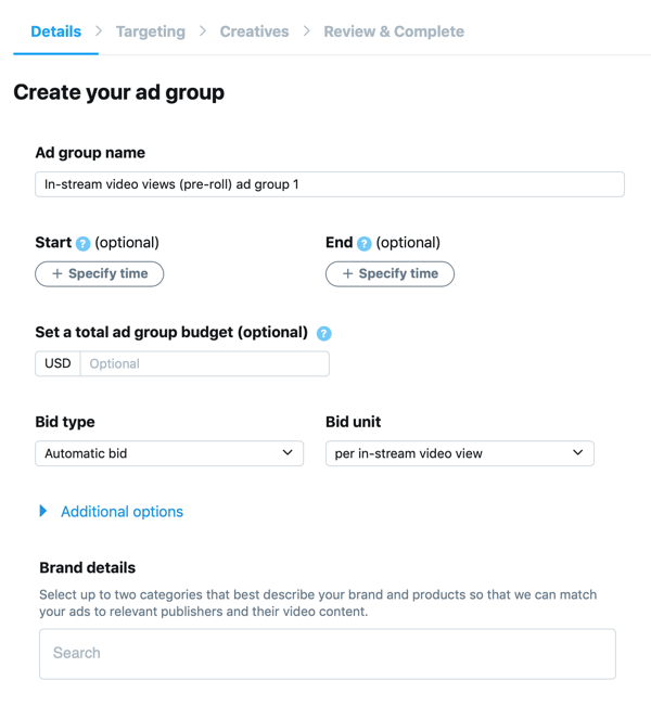 Пример подешавања огласне групе за ваш приказ огласа у стриму (пре покретања) на Твиттер-у.