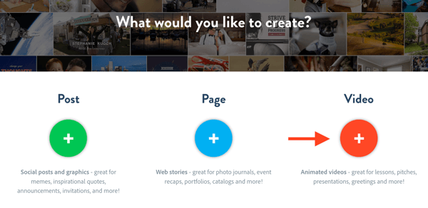 Да бисте креирали нови видео пројекат у програму Адобе Спарк, кликните на Видео.