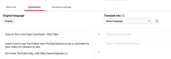 На картици Преводи за ИоуТубе видео унесите преведени наслов и опис.