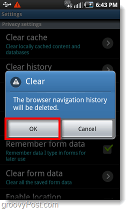 потврдите брисање историје навигације на прегледачу телефона Андроид