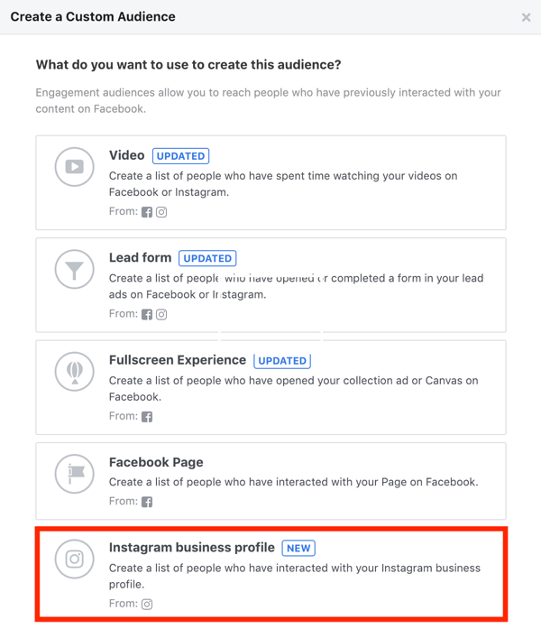 Како створити и покренути самоодрживу секвенцу огласа за Инстаграм за само 5 долара дневно, креирати Инстаграм огласну кампању, корак 4, направити прилагођену публику из опције пословног профила на Инстаграму