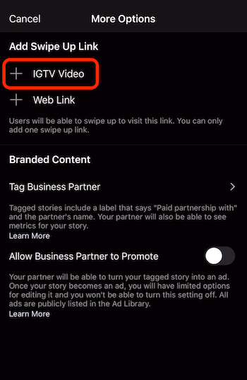 опција за додавање везе превуците нагоре на ИГТВ видео