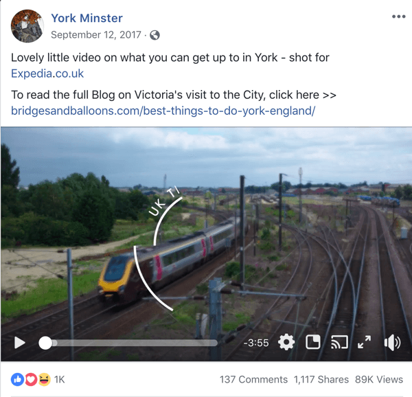Пример објаве на Фејсбуку са туристичким информацијама из Иорк Минстера.
