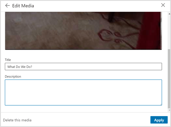 Дијалошки оквир Едит Медиа (Уређивање медија) који се приказује када повезујете видео запис на свом ЛинкедИн профилу