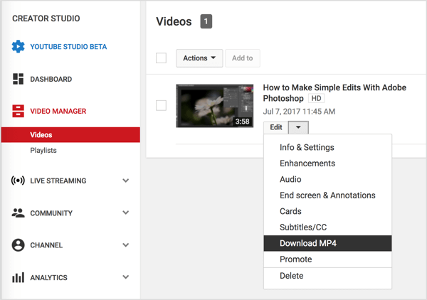 Дођите до свог видео записа у Видео Манагер-у, кликните на дугме Уреди поред свог ИоуТубе видеа и изаберите Преузми МП4.