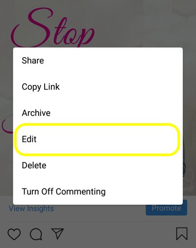 Како додати алт текст у постове на Инстаграму, корак 5, уредите опцију објаве. 
