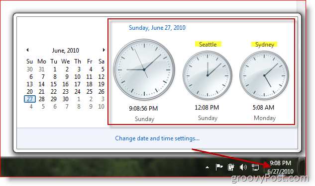 Мицрософт Виндовс 7 који приказује додатне сатове у различитим временским зонама